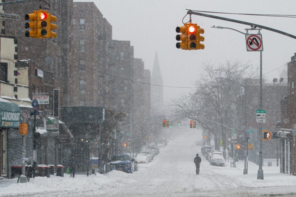 Traffic blocked by heavy snowfall.