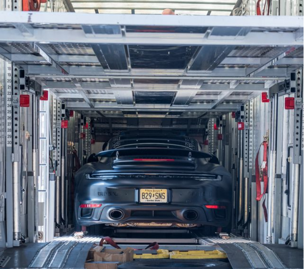 A Porsche being prepared for shipping in California.