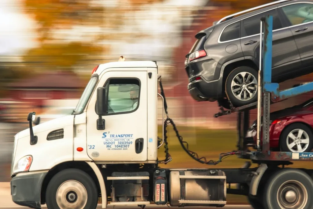 Car carrier transporting vehicles on a highway.