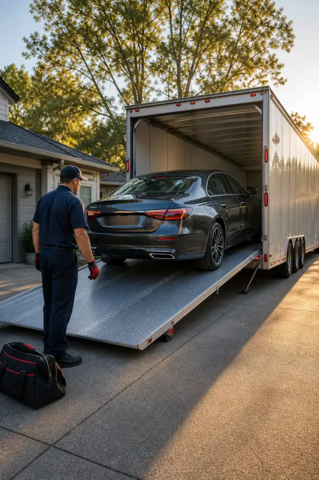 Black sedan being loaded onto an enclosed car transport trailer at a home.