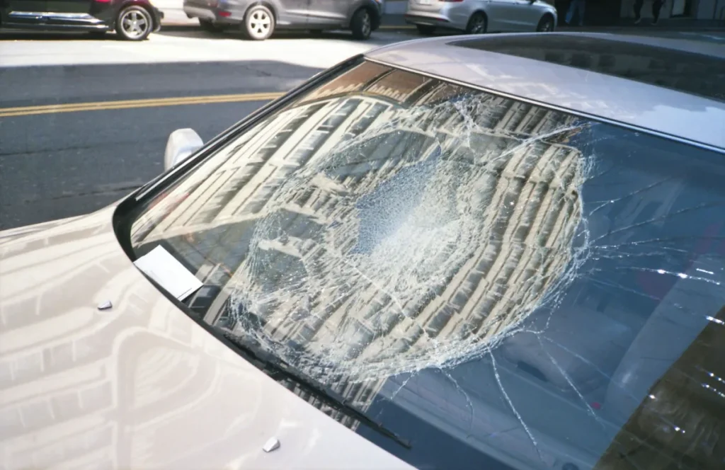 Car with a severely cracked windshield and visible impact damage.