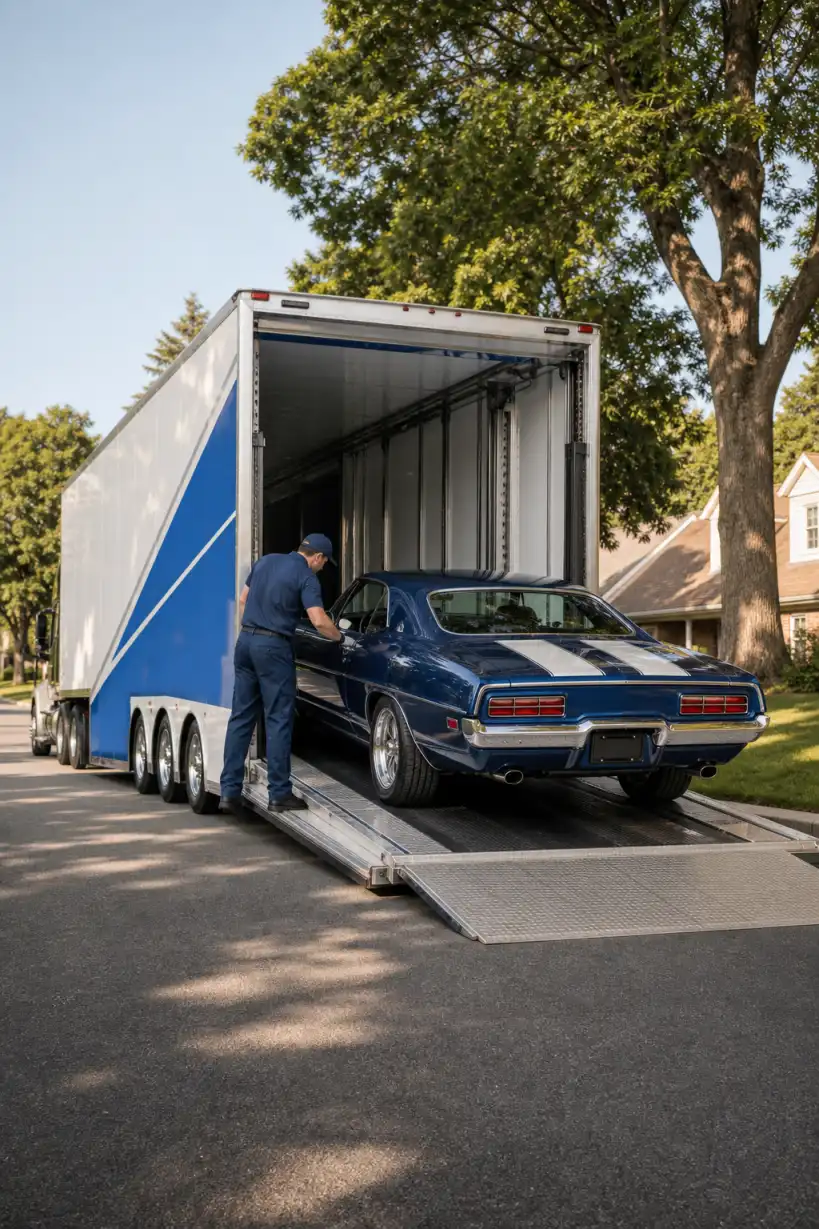 Classic blue car being loaded into an enclosed transport trailer.