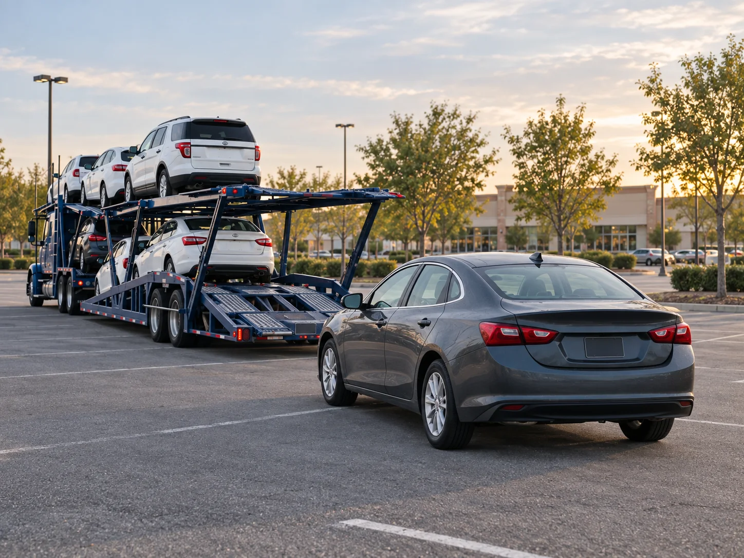 A dark gray sedan parked beside a blue open auto transporter in a wide parking lot