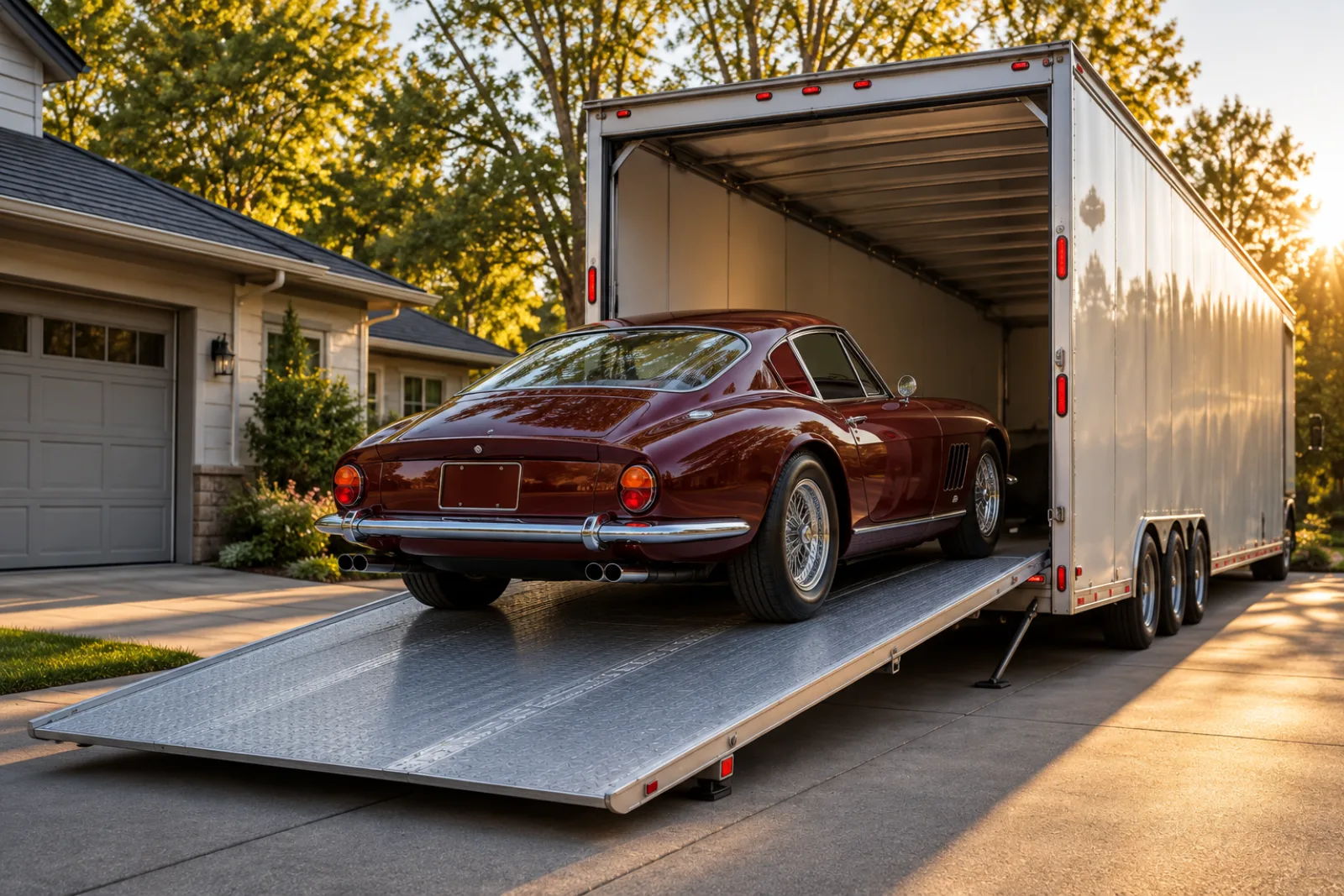A burgundy vintage sports coupe loading into an enclosed transport trailer