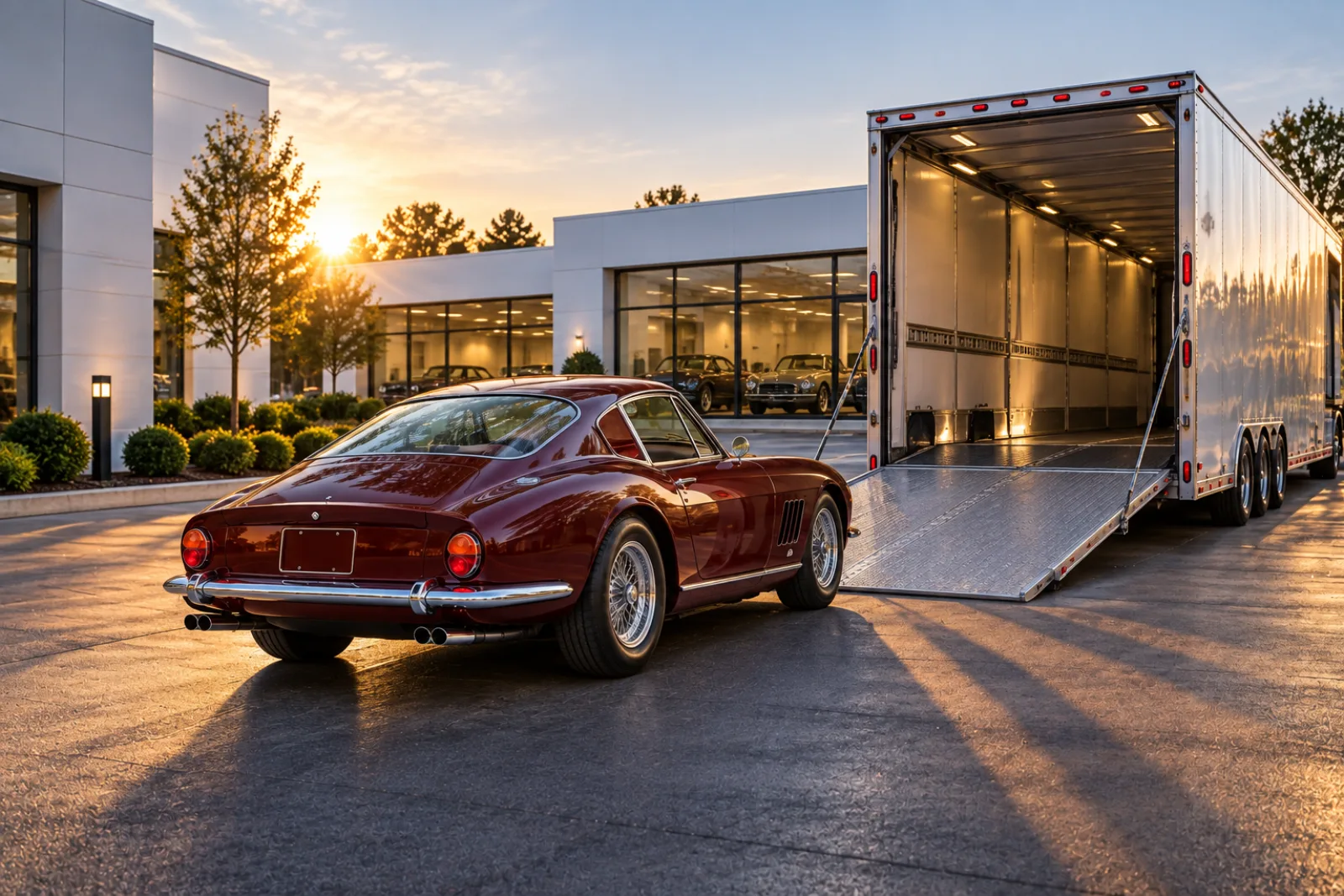 A burgundy vintage sports coupe staged beside an enclosed trailer for a time-sensitive pickup