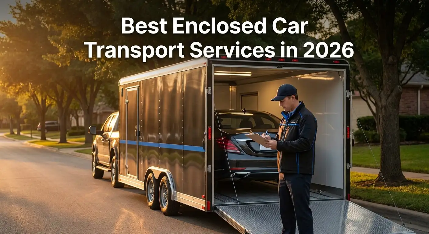 Car being loaded into an enclosed transport trailer.