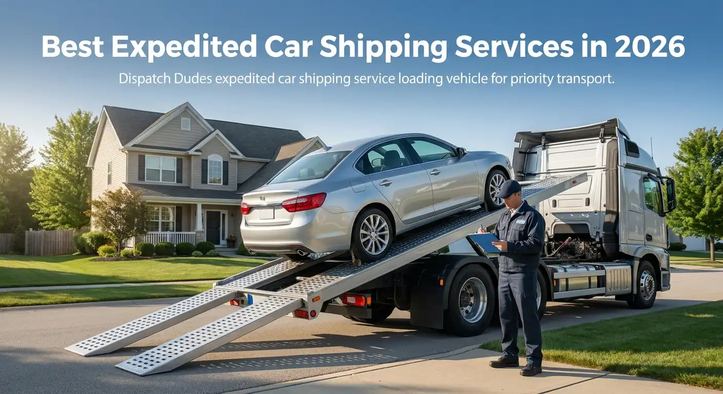 Car being loaded onto a transport truck for expedited shipping.