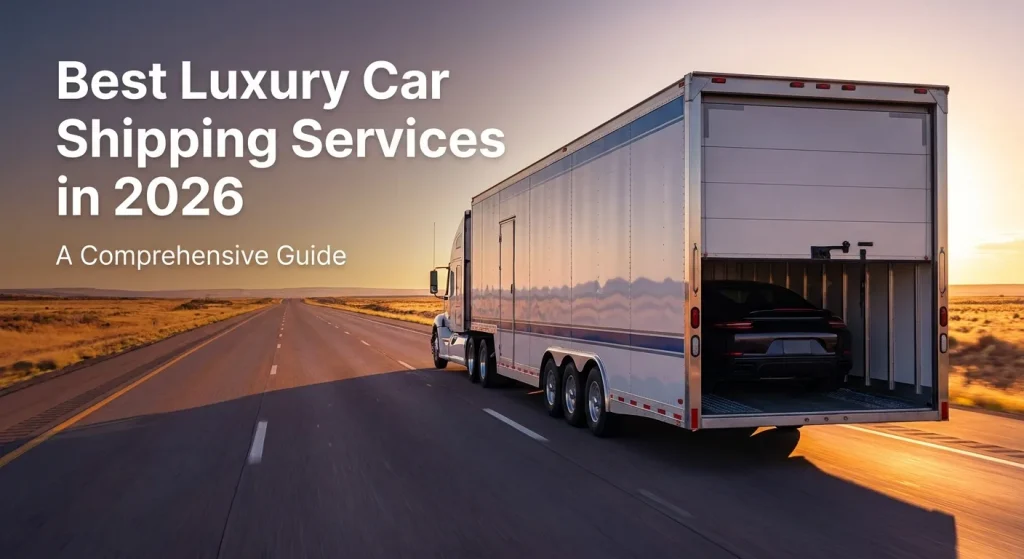 Luxury car being transported in an enclosed trailer on a highway.