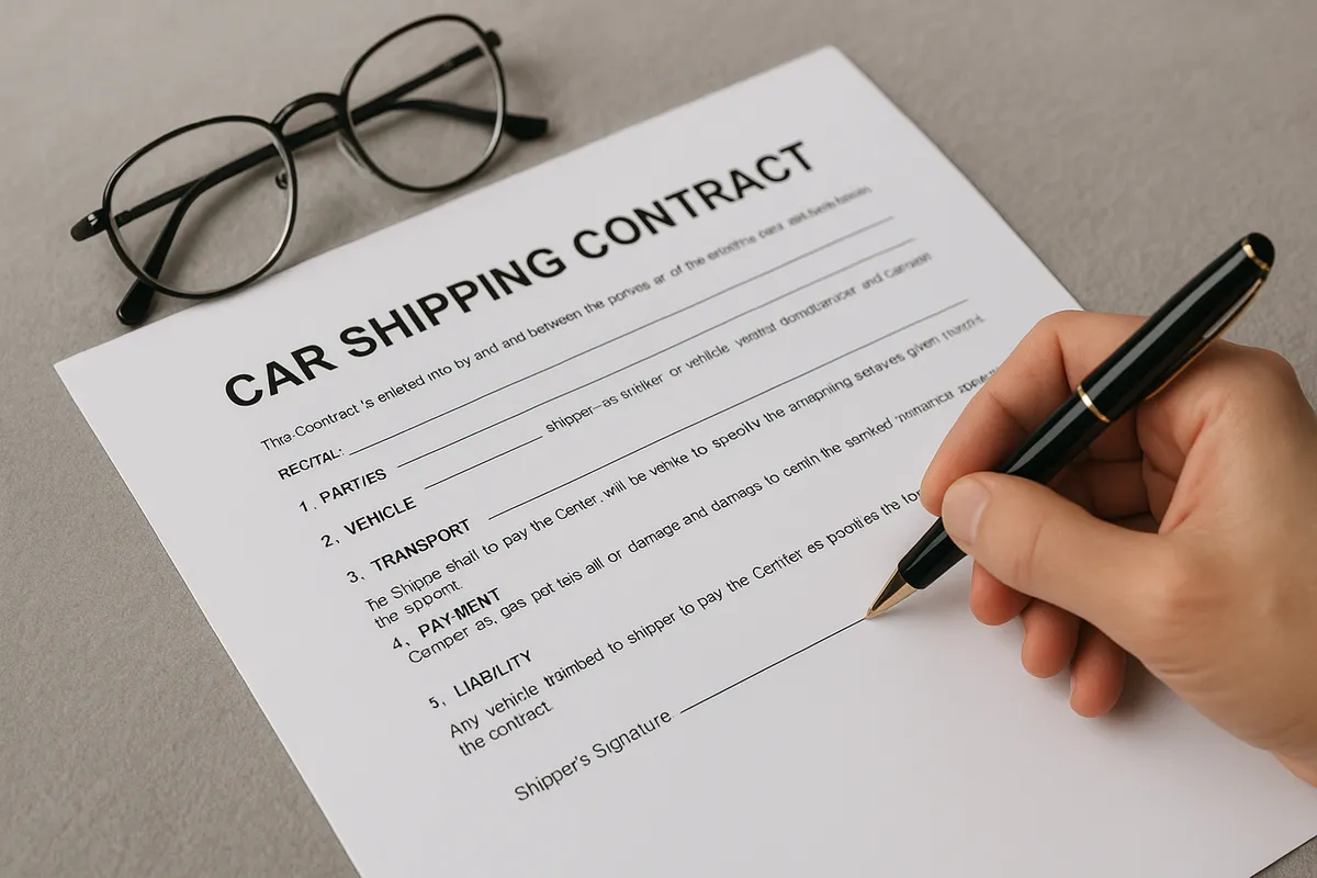 A hand holding a pen over a car shipping contract with reading glasses nearby, highlighting careful review.