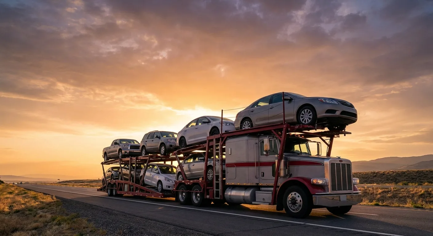 Open car carrier transporting vehicles on a highway at sunset.