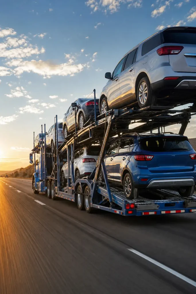 Open car carrier transporting vehicles on a highway at sunset.