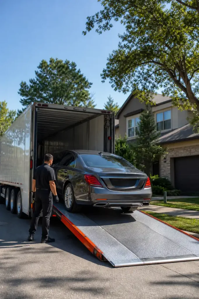 Gray sedan being loaded into an enclosed transport trailer at a residence.