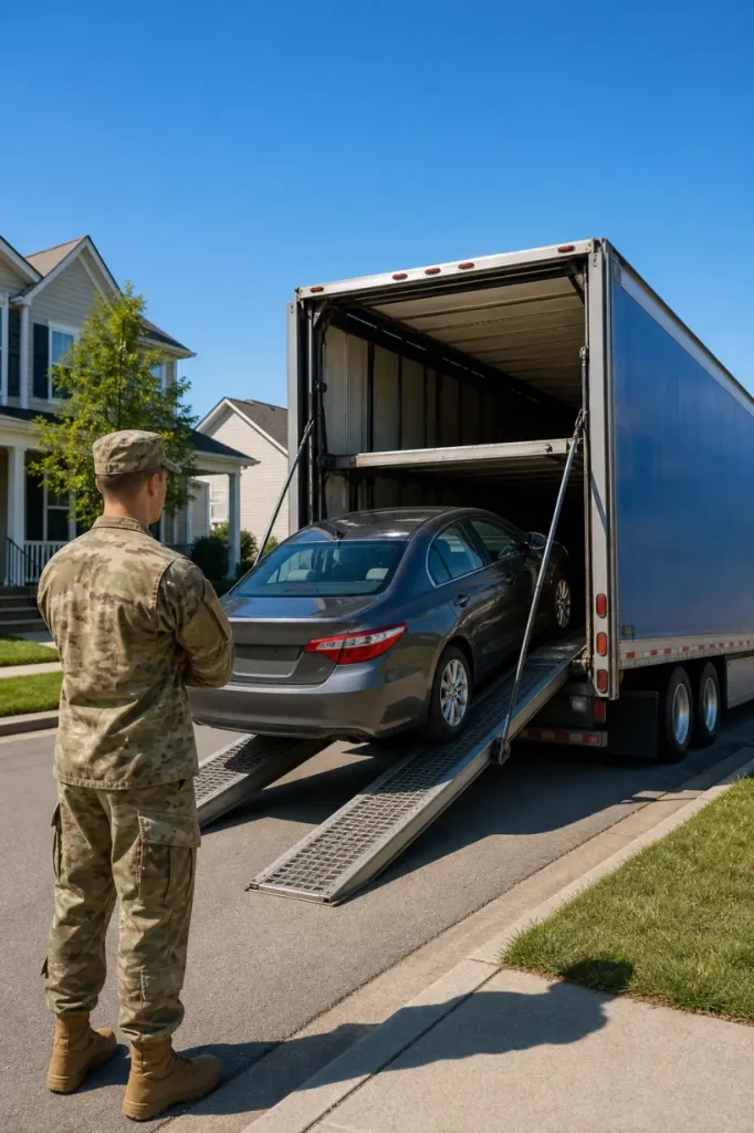 Service member standing near a car being loaded into an enclosed trailer.