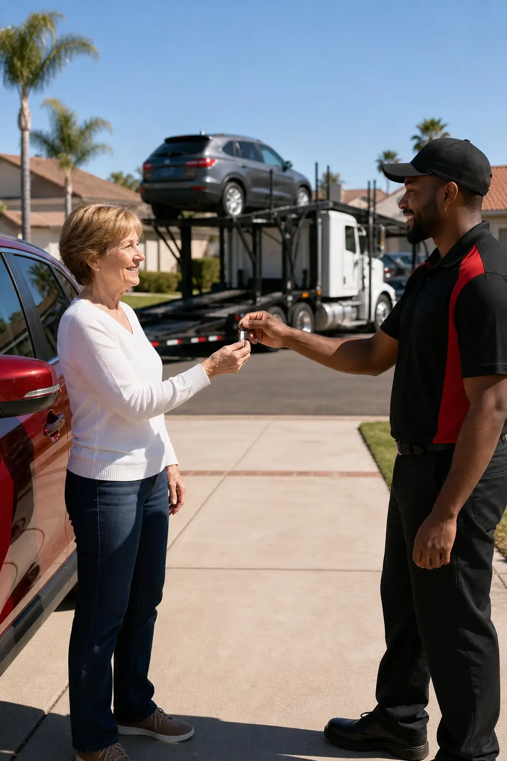 A woman receiving car keys from a man beside an open car carrier.