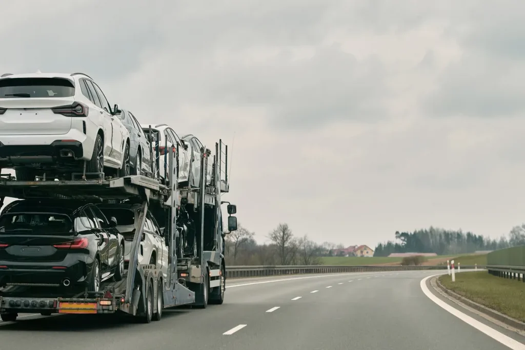 A car transporter trailer carrying new luxury German sports cars on a motorway.