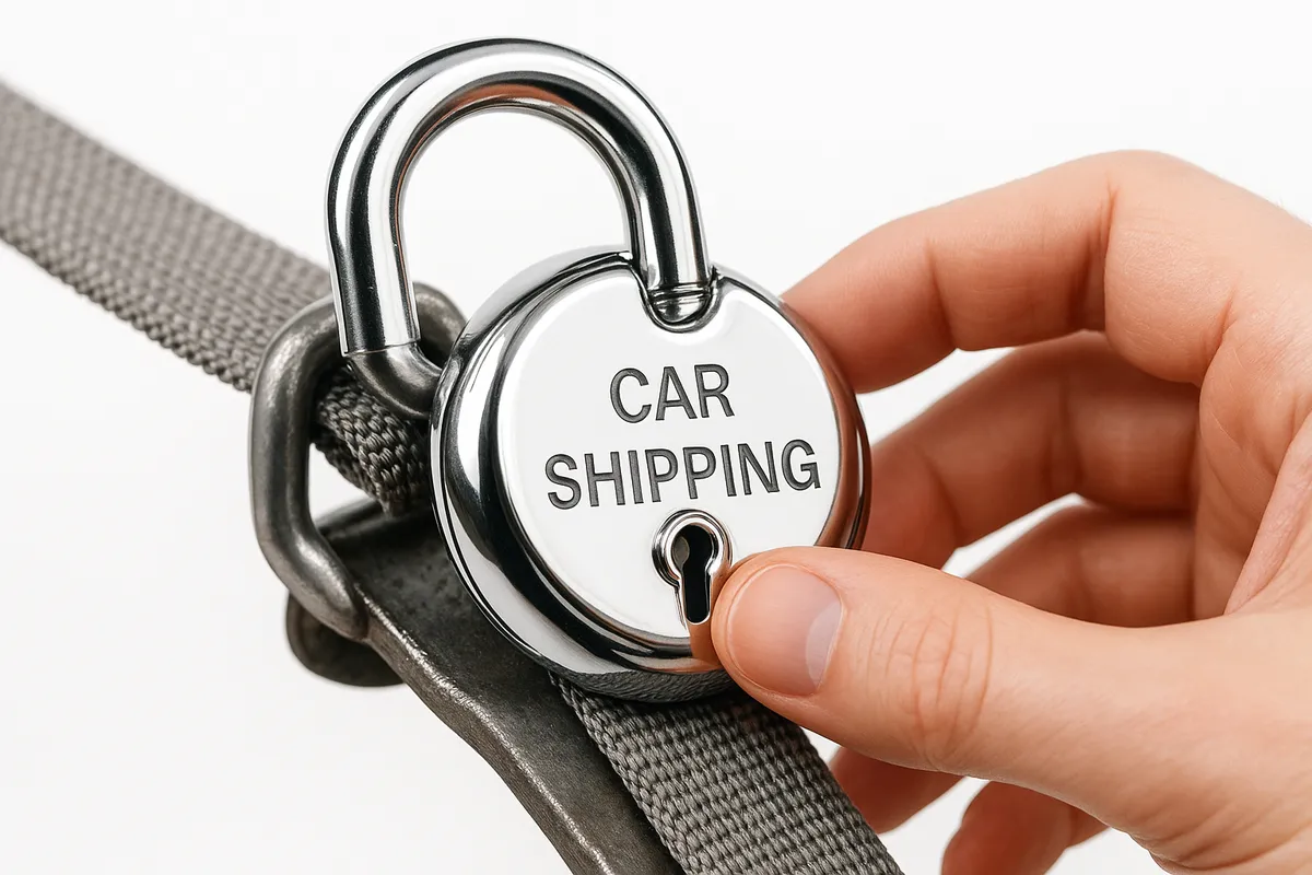 A close-up of a shiny padlock being secured on a vehicle's delivery strap, highlighting safe transport.