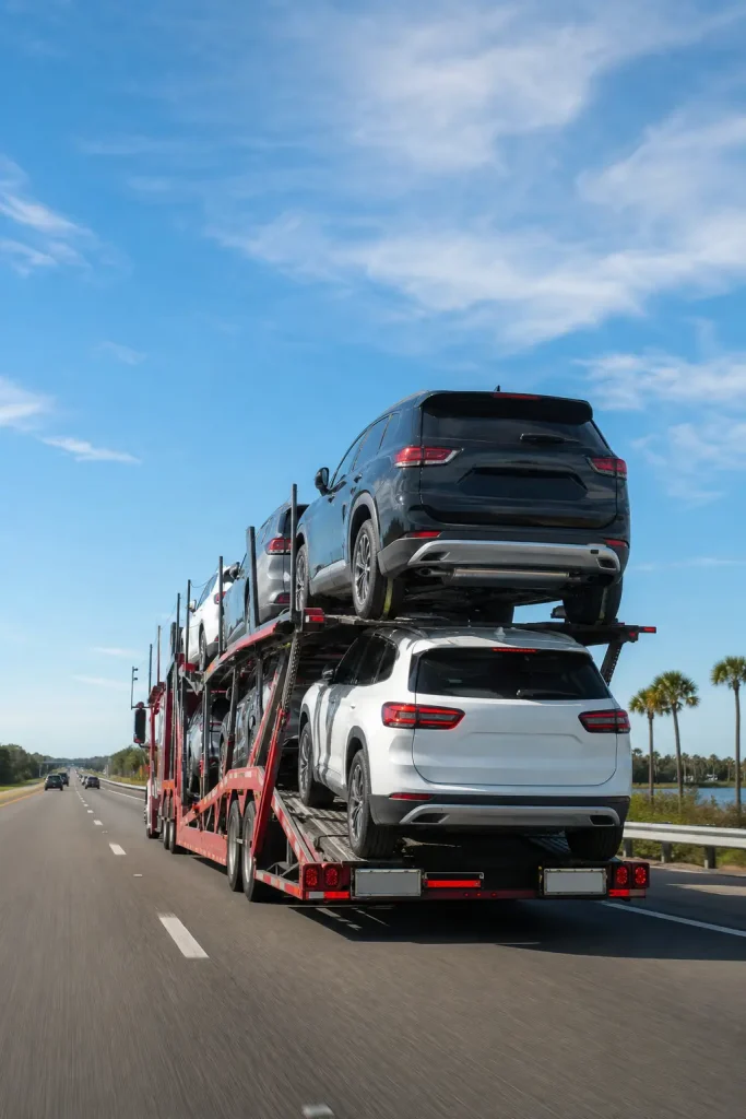 An open car carrier transporting SUVs and cars along a highway.