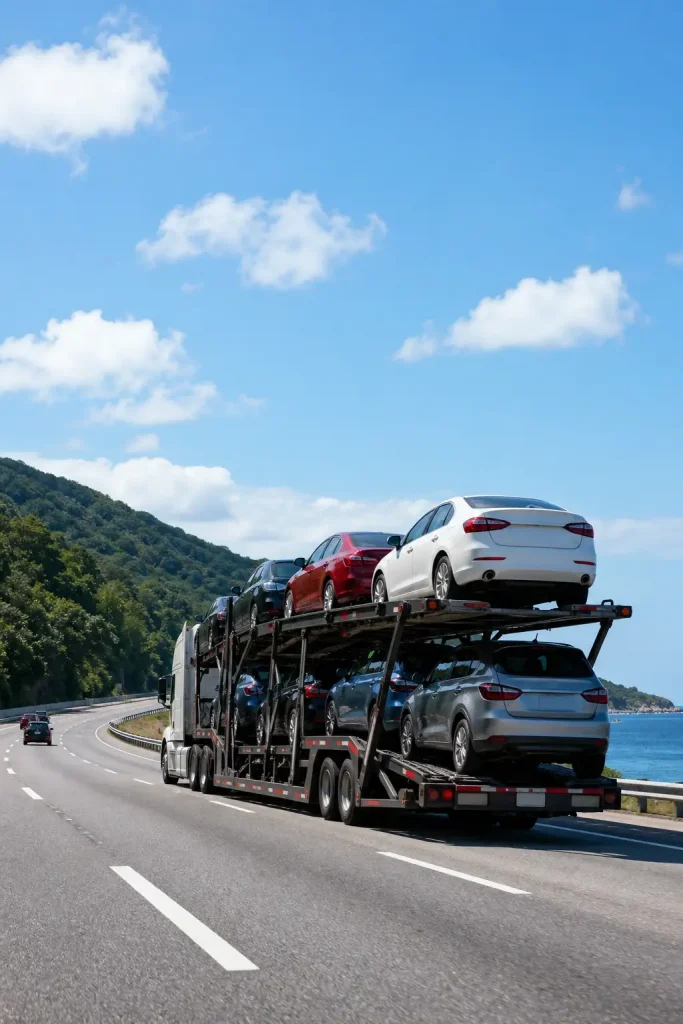 An open car carrier traveling through hills.