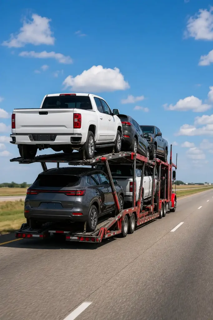 A pickup and cars on an open car carrier.