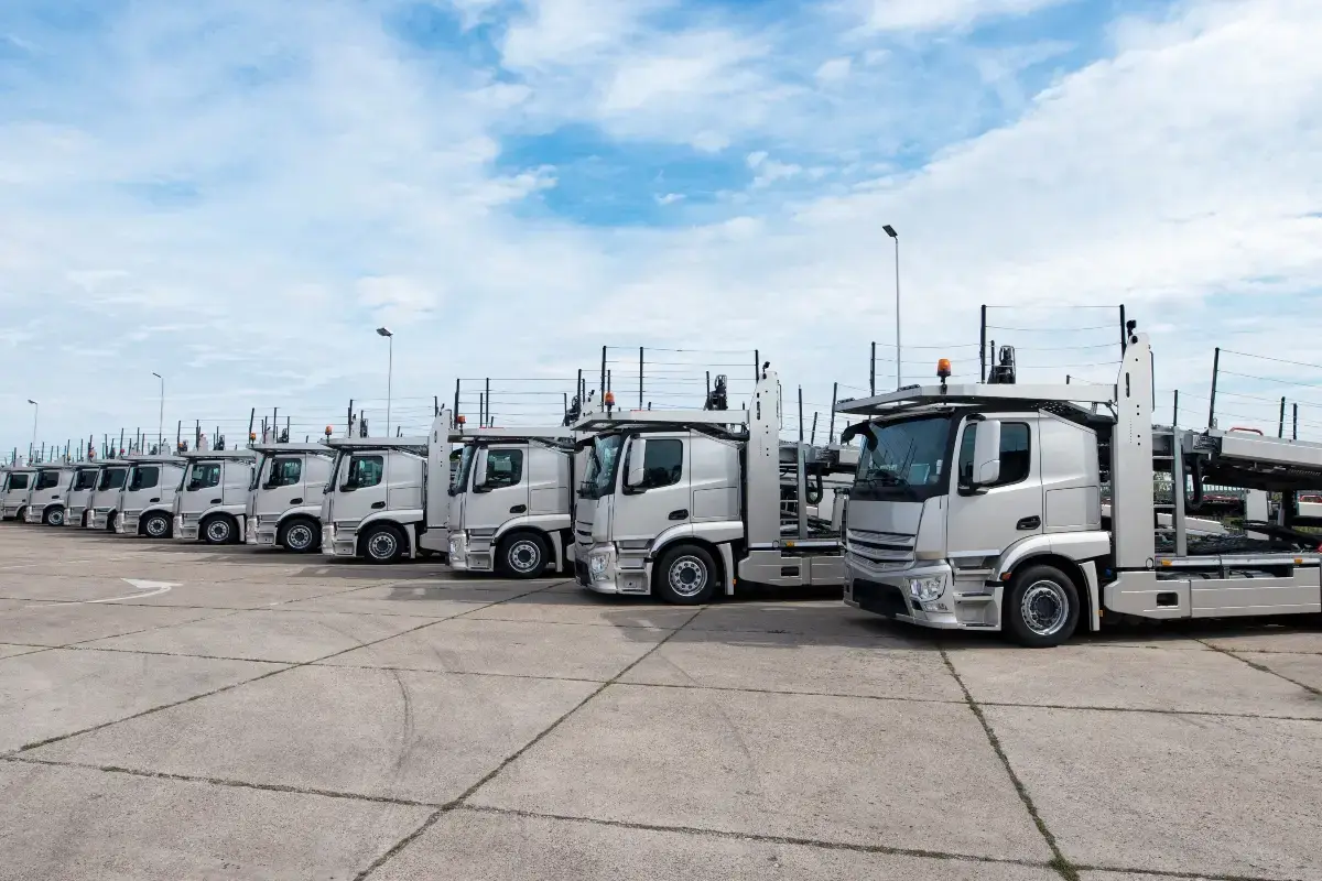 A row of parked transport trucks.
