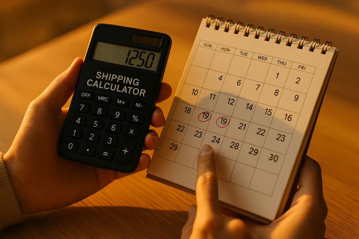 A person holds a digital shipping calculator and a calendar with red circled dates, reflecting on vehicle transport timing.