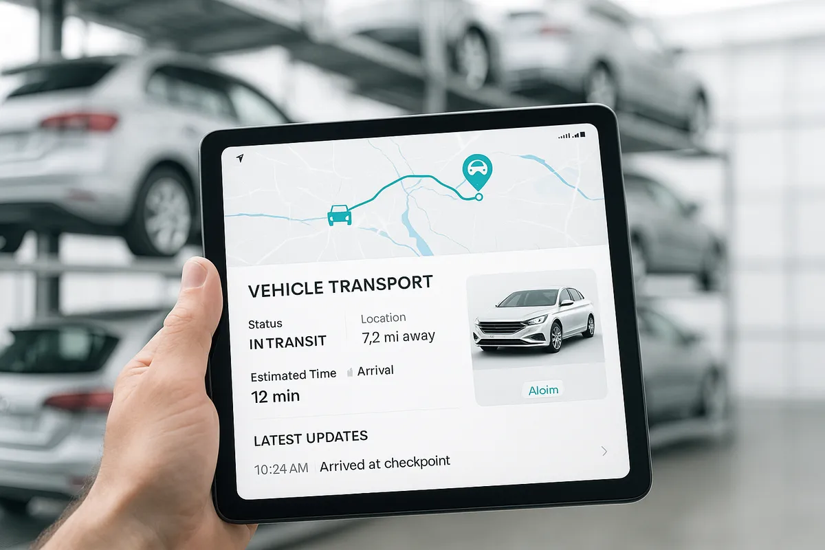 A hand holds a tablet showing a vehicle transport tracking app with a secure car storage facility in the background.
